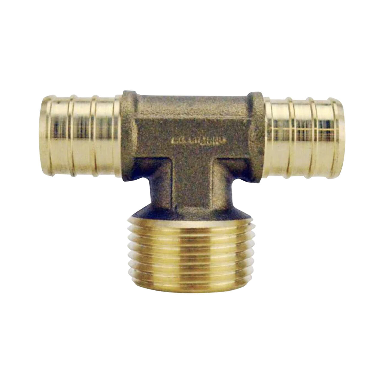 The Go Build 3/4 in. Brass PEX Barb x MPT Adapter Tee features two barb ends for PEX and one threaded male end, ideal for connecting three pipes in plumbing projects. Shown against a white background.